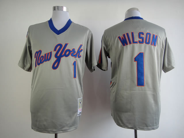 Men New York Mets 1 Wilson Grey Throwback MLB Jerseys